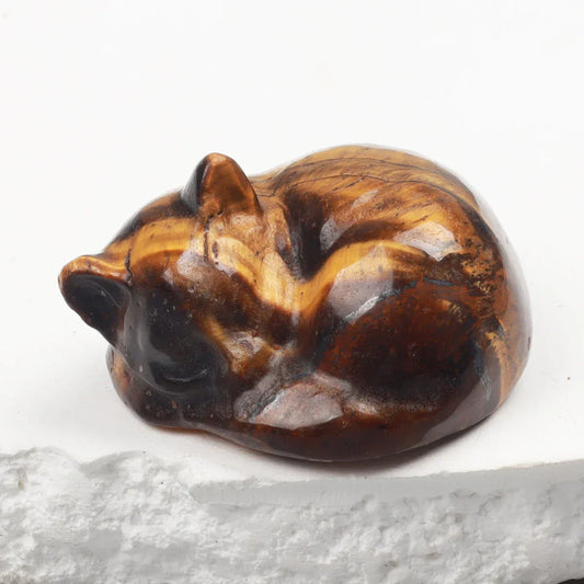 Carved Crystal Cat Figurine – Rose Quartz & Jade Sleeping Kitten for Chakra Healing & Home Decor
