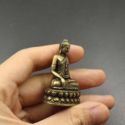 Brass Sakyamuni Buddha Figurine – Miniature Antique-Style Dharma Statue for Desktop & Home Decor