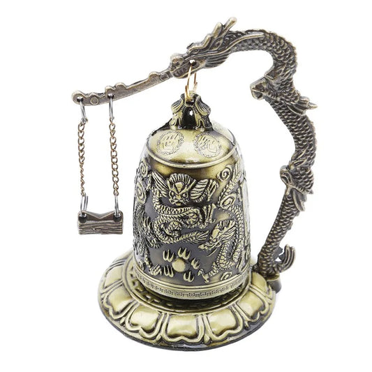 Lock Dragon Carved Buddhist Good Luck Bell – Metal Geomantic Altar Supply for Meditation